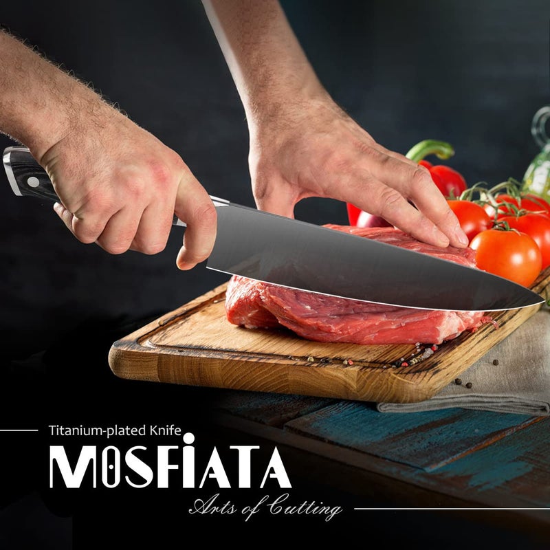 MOSFiATA 8â€ Super Sharp Titanium Plated Chef's Knife for Kitchen with Finger Guard and Knife Sharpener in Gift Box, High Carbon German Stainless Steel EN1.4116 Titanium Coated Stylish Cooking Knife - Image 3